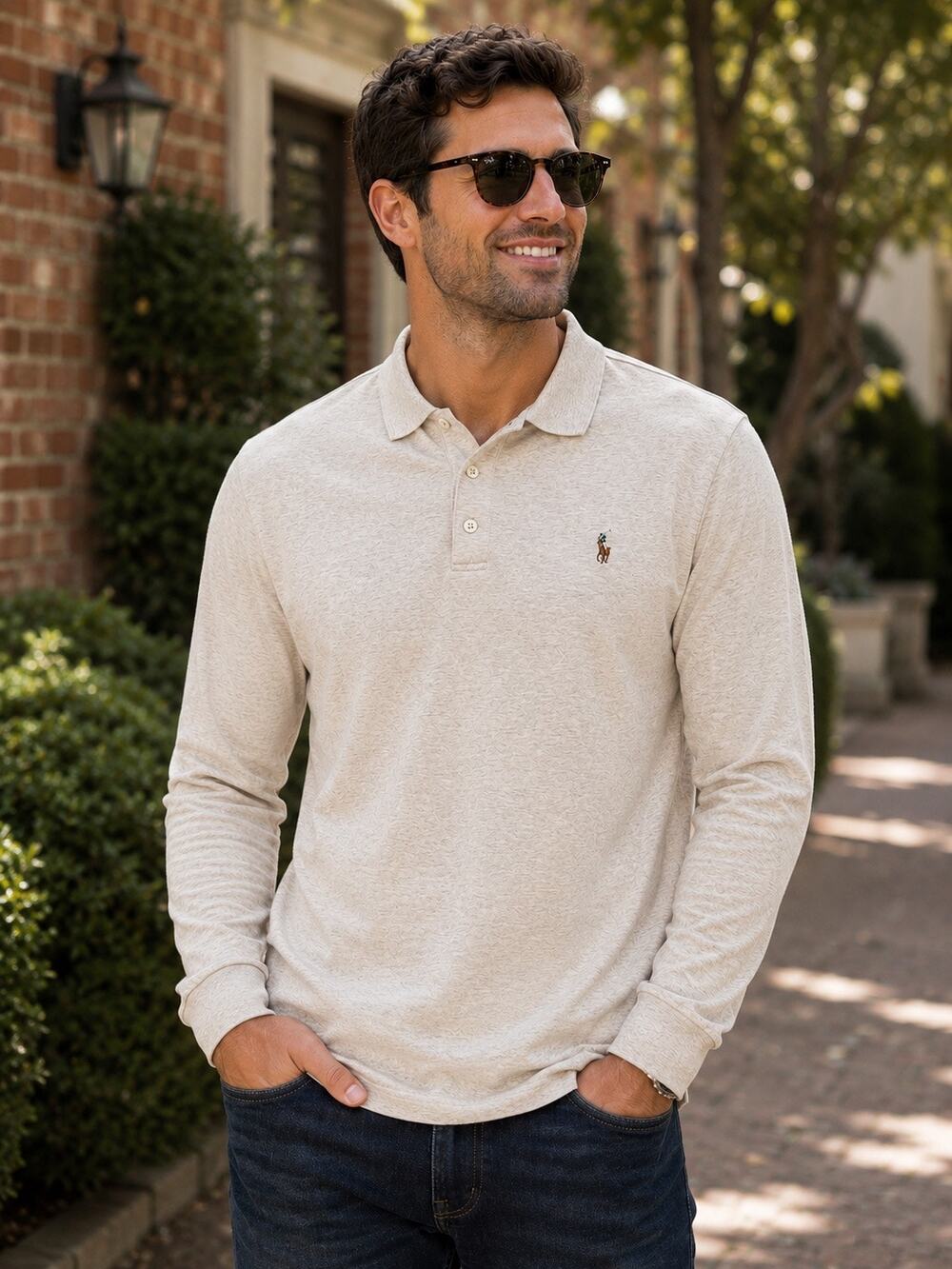 Polo Ralph Lauren Classic Fit Polo Shirt Men's M Beige Long Sleeve Cotton